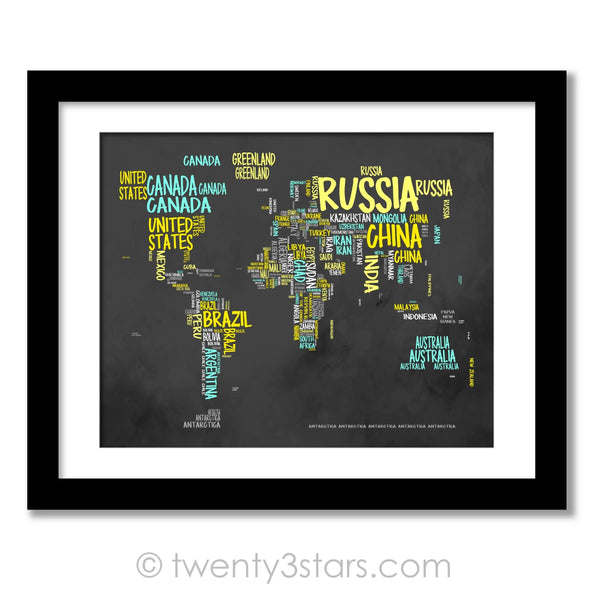 World Map Typography Map Textured Wall Art - twenty3stars