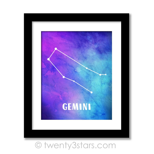Gemini Watercolor Constellation Stars Wall Art - twenty3stars