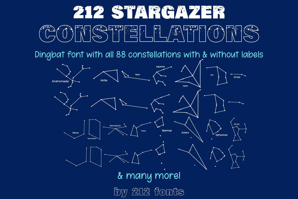 Stargazer Constellations dingbat font, Font made of Stars, Zodiac Dingbat Font, Star Dingbat Font, Zodiac Stars OTF font by 212 fonts 212 Fonts