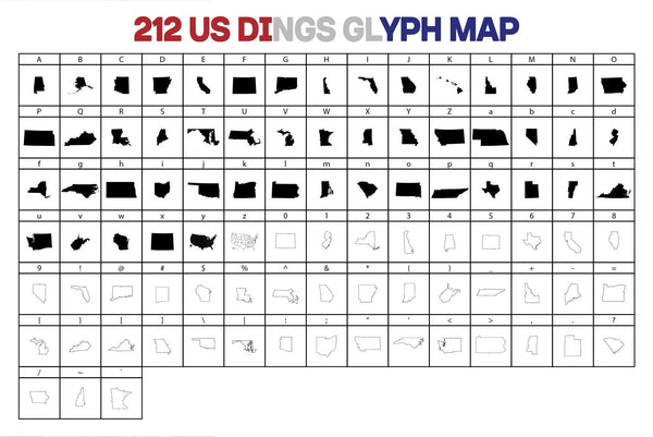United States DINGBAT font, Font made of States Maps, US Map Dingbat Font, Symbol Fonts, 212 Us Dings Font, Ding Font, State Outline Maps 212 Fonts