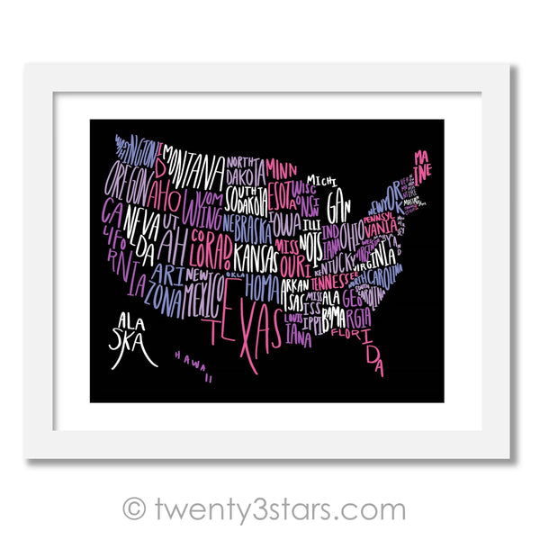 United States Handwritten Typography Map Wall Art - twenty3stars