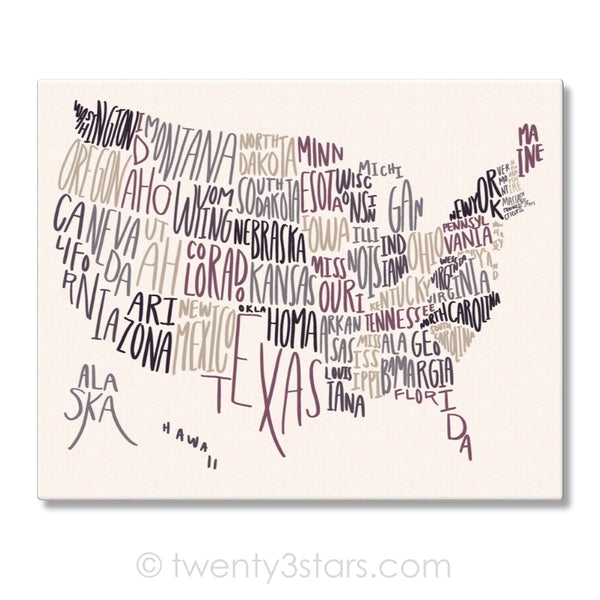 United States Handwritten Typography Map Wall Art - twenty3stars